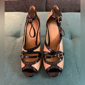 Ann Taylor Black and Tan Peep-Toe Heels